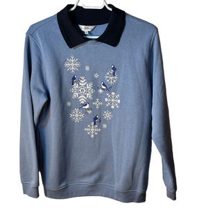 Northern reflections blue collared pullover sweater with Bluejay graphic medium
